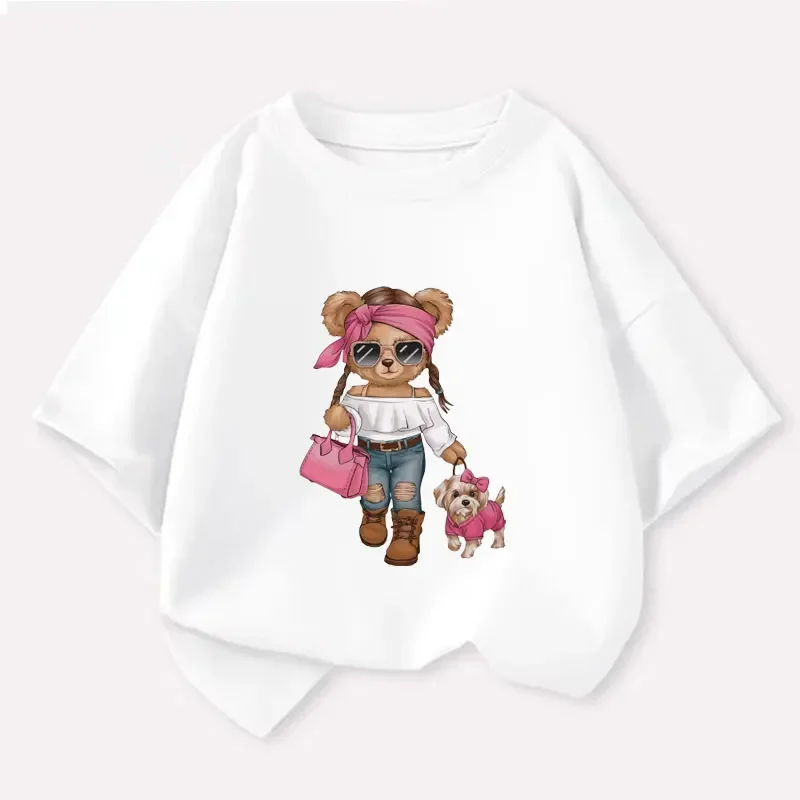 Kid Short Sleeve Tees Fashion Girl Bear Walking Small Dog Handbag Sunglasses Cartoon Print O-Neck Cute Graphic Girl Casual Top