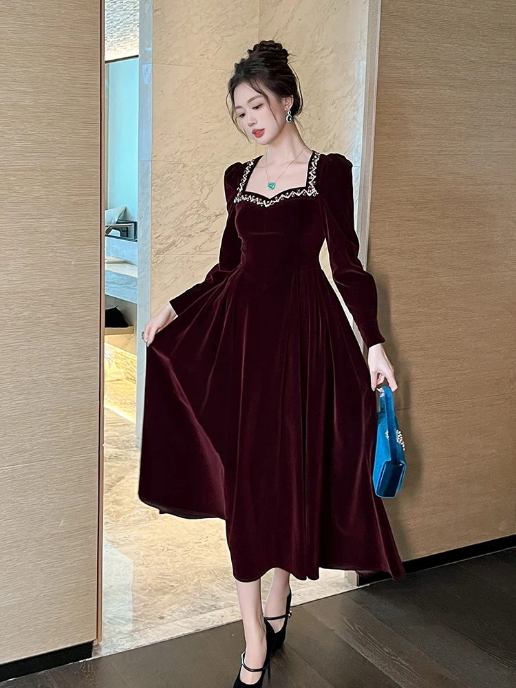 French Simple Elegant Diamond Square Neck Long Sleeve High Waist Slim A-line Big Hemline Velvet Long Evening Dress Women Autumn