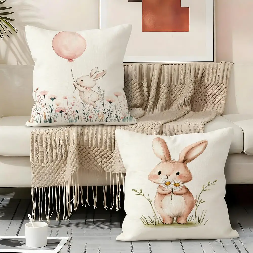 Watercolor Bunny Floral World Cushion Cover Natural Linen Organic Fabric Double-Sided Printing Sofa Home Decor Gift Pillow Cover