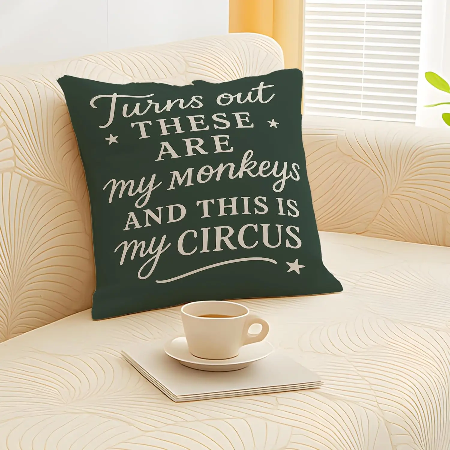 Funny Quote Pillowcase, My Monkeys My Circus Cushion Cover, Witty Saying Decor, Green and White Throw Pillow for Home