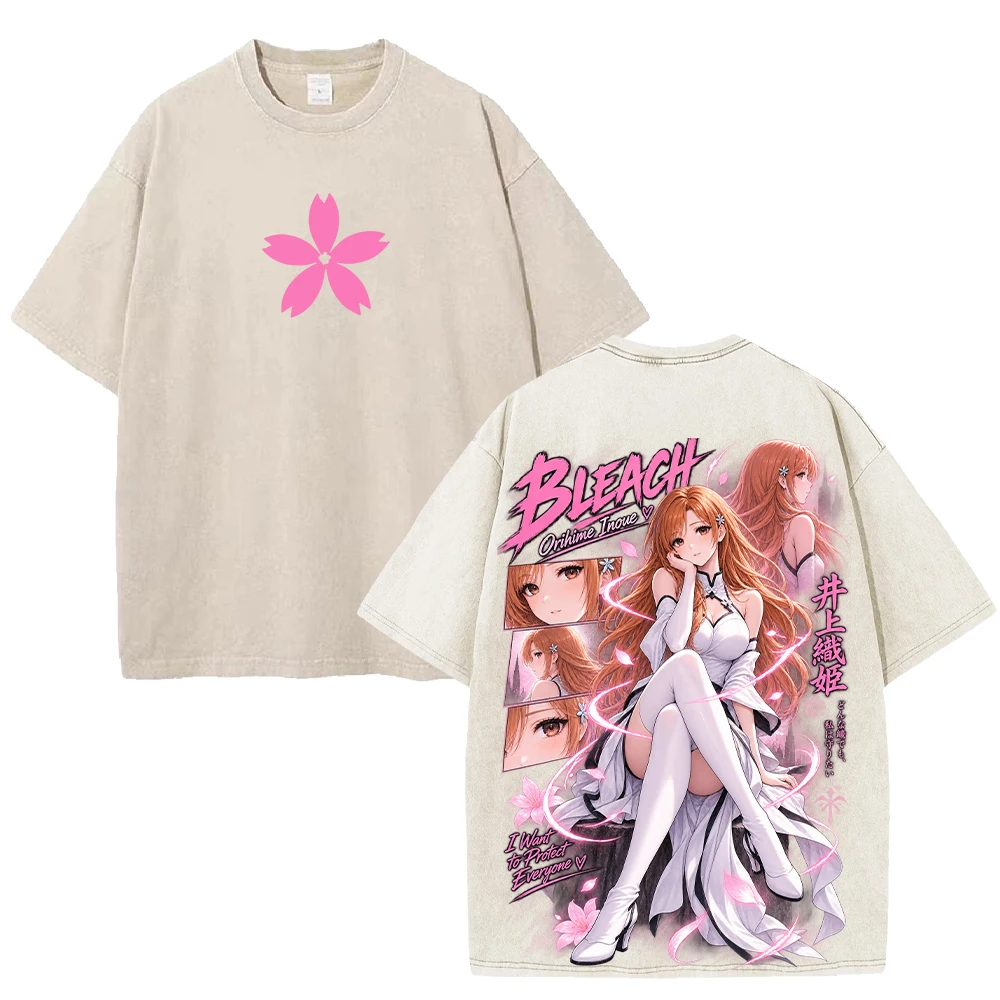 Orihime Inoue Bleach Anime Fashion T Shirts Vintage Washed Streetwear Men Women Clothing Short Sleeve High Quality T-shirts Tops