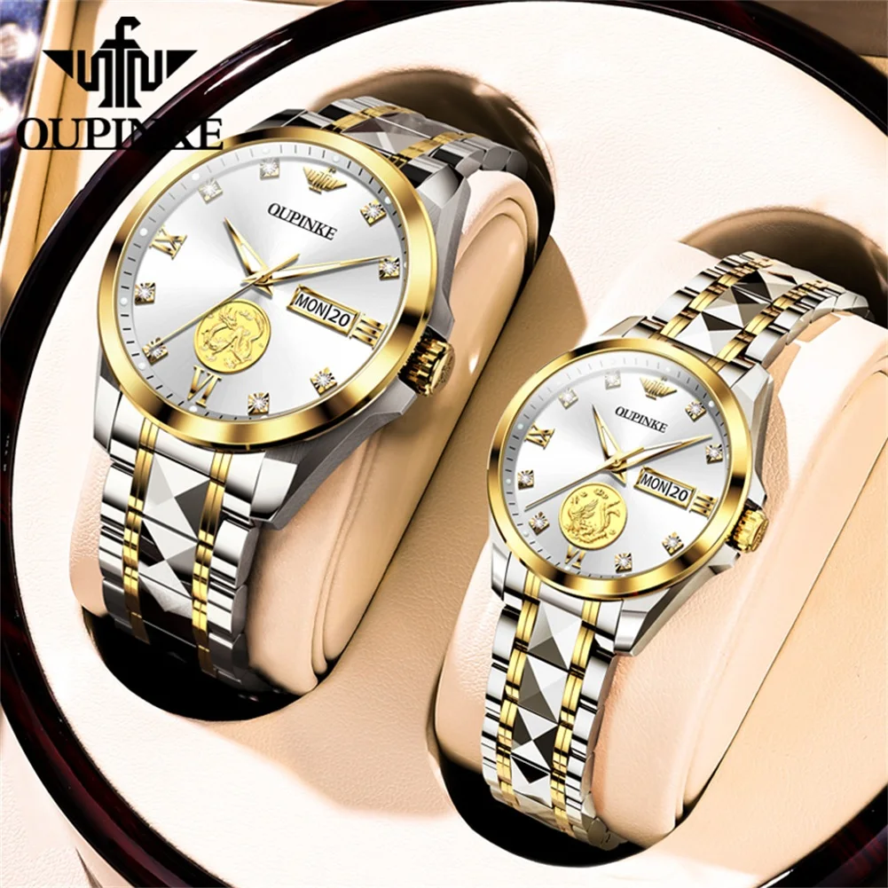 OUPINKE Diamond Couple Watch Classic Luxury Automatic Mechanical Wrist Watch Gifts For Women Wterproof Date Week Display 3259