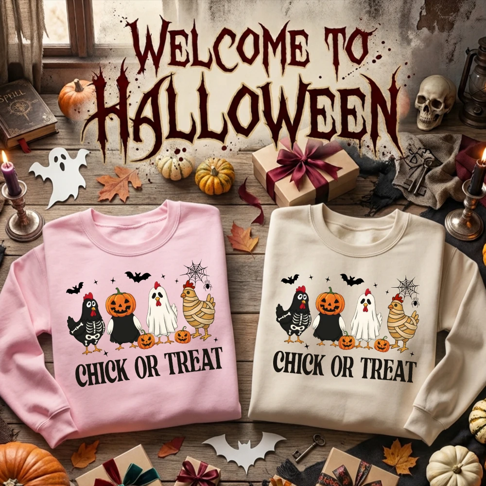 Halloween Chick or Treat Couples Sweatshirt Funny Mummy Chicken Pumpkin Graphic Unisex O-neck Pullover Casual Tops Hoodies Women