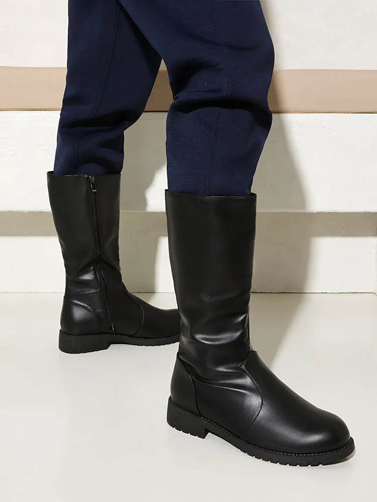 Men's Knight Boot with Belt Buckle High Top Autumn Winter Fashion Casual round Toe Anti-Slip Rubber Outsole Leather Lined