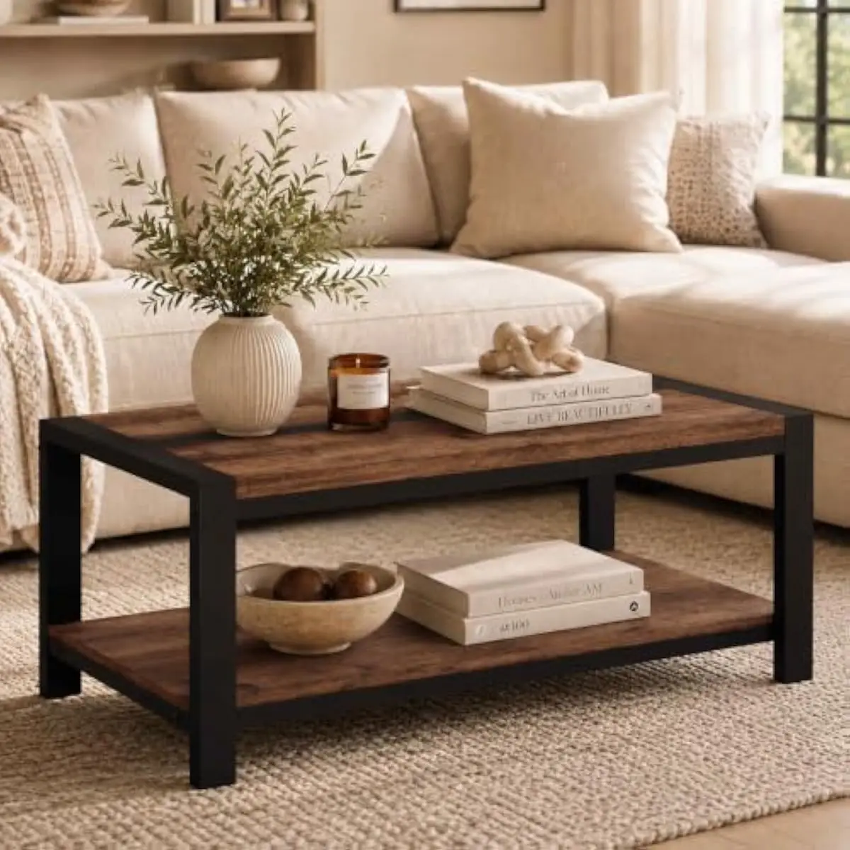 Rustic Industrial Coffee Table with Dual-Tier Open Shelving • Heavy-Duty Metal Frame Supports 400 LB Top / 150 LB Base • 43.3 In