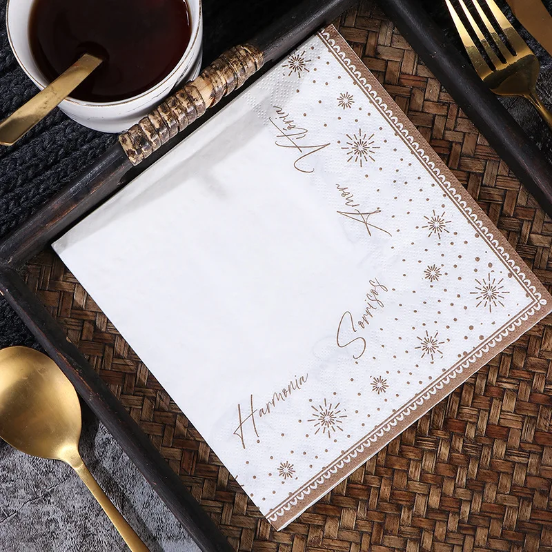 10/20pcs 2Ply 33cm Christmas Element Print Coffee Color Snowflake Alphabet Lace White Background Napkin Wood Pulp Paper Placemat