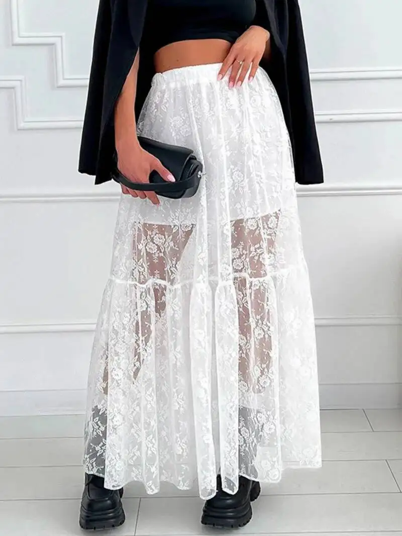 Black Lace Mesh Skirt Women's High Waist Midi Skirt Tulle Long Skirt Women's Translucent Party Women's Sexy Skirt 2026 U0PK