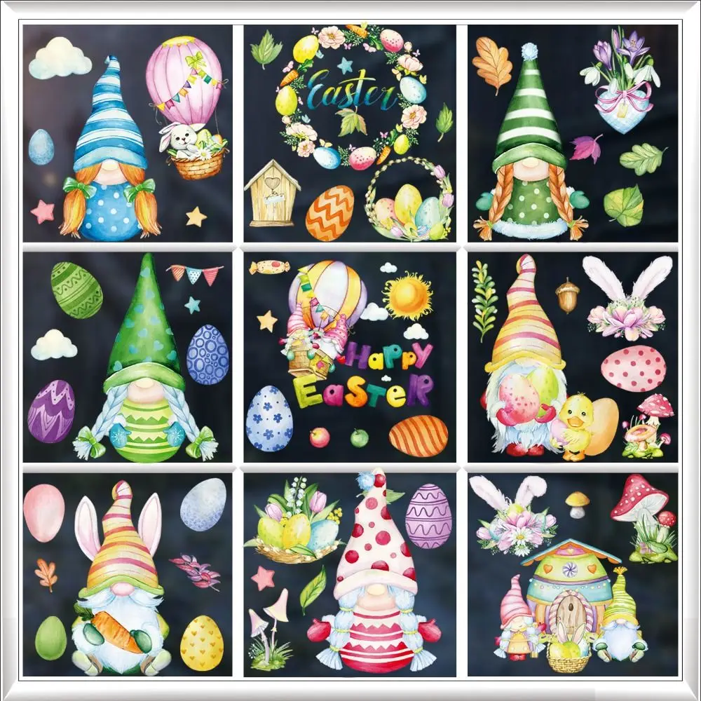 9pcs/1 set Bunny Happy Easter Window Stickers Flowers Egg Rabbit Electrostatic Glass Sticker Cute Rabbit