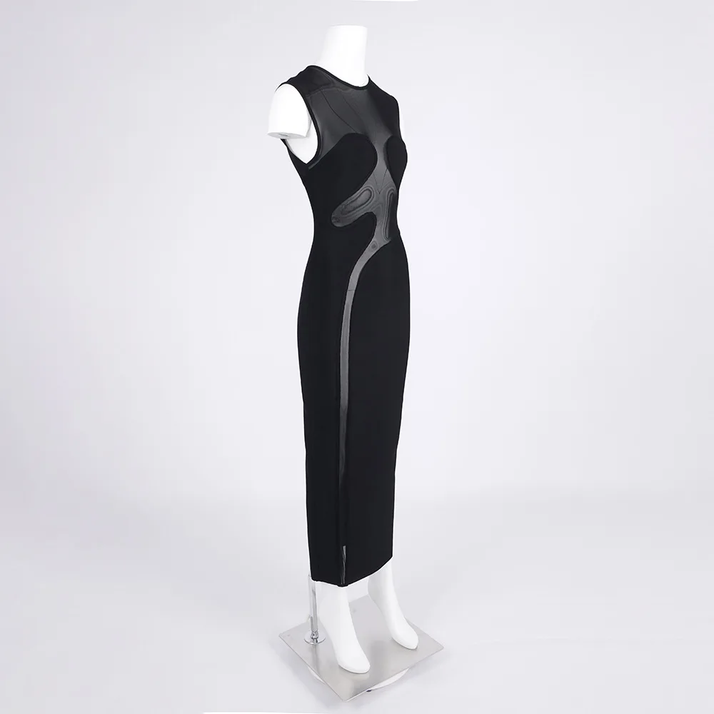 Vestido largo vintage con cuello redondo y cremallera trasera de malla, elegante vestido de columna ajustado sin mangas para cóctel de graduación y fiesta de cumpleaños