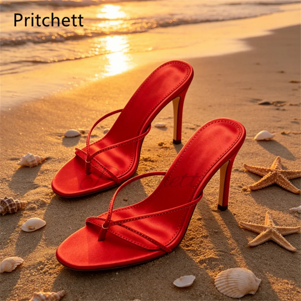 

Women's Rhinestone Strap Flip Flops Red Satin High Heels Slippers Pull On Stiletto Clip Toe Slides Fashion Summer Party Shoes