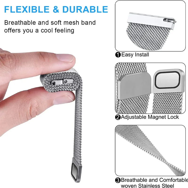 20mm 22mm Flat Interface Universal Width Milan Metal Strap for Amazfit T-Rex3 Pro/Balance 2/Huawei GT6/5 46mm Magnetic Wristband