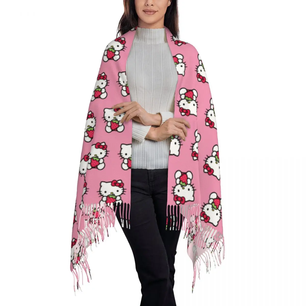 Dostosowany szalik Sanrio Hello Kitty damski długi zimowy jesienny ciepły szal z frędzlami unisex szaliki z motywem kreskówkowym