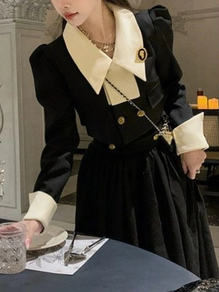 

Осенний корейский модный французский элегантный женский костюм в стиле пэчворк, комплект из 2 предметов, теплая утягивающая праздничная одежда, женская одежда 2025