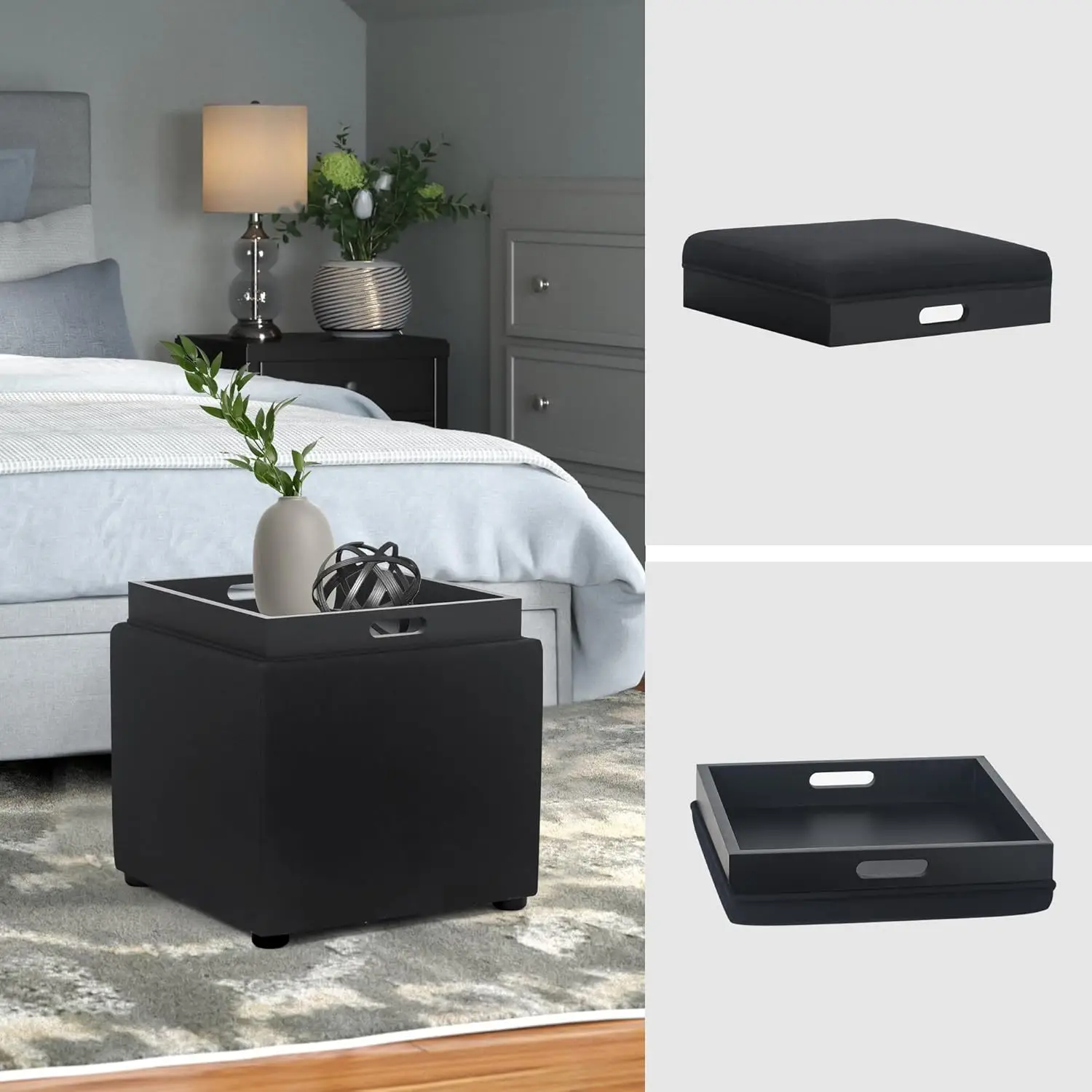 Storage Square Ottoman with Tray, Small Linen Foot Rest Stool Cube, Coffee Table for Dorm Living Room Bedroom, Black