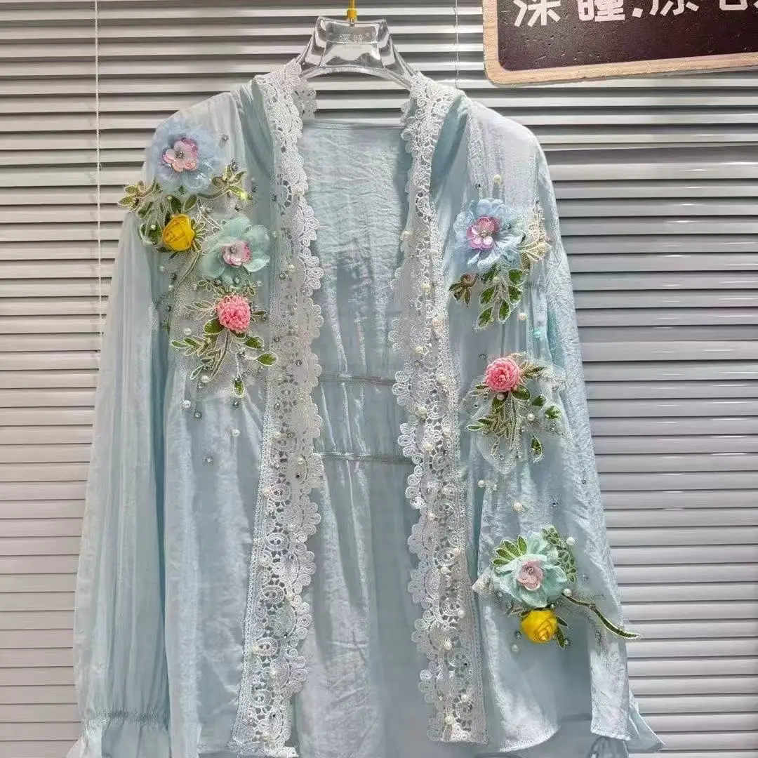 Neu atmungsaktive Kapuzen-Sonnenschutz-Shirts, Blusen für Damen, langärmelige Strickjacke, Tops, Spitzenstickerei, 3D-Blumen-Kleidung