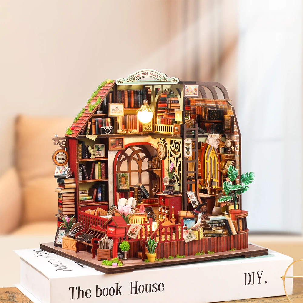 DIY Miniature Cottage House Assembled Building Model with Lights 3D Wooden Puzzles Desktop Library Decoration Toy Gifts for Kids