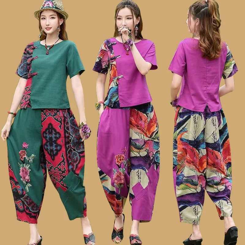 

2024 Summer Celebrity Set Vintage O-neck Printing Contrast Color Short-sleeved Top Casual Embroider Harem Pants Two-piece Suit