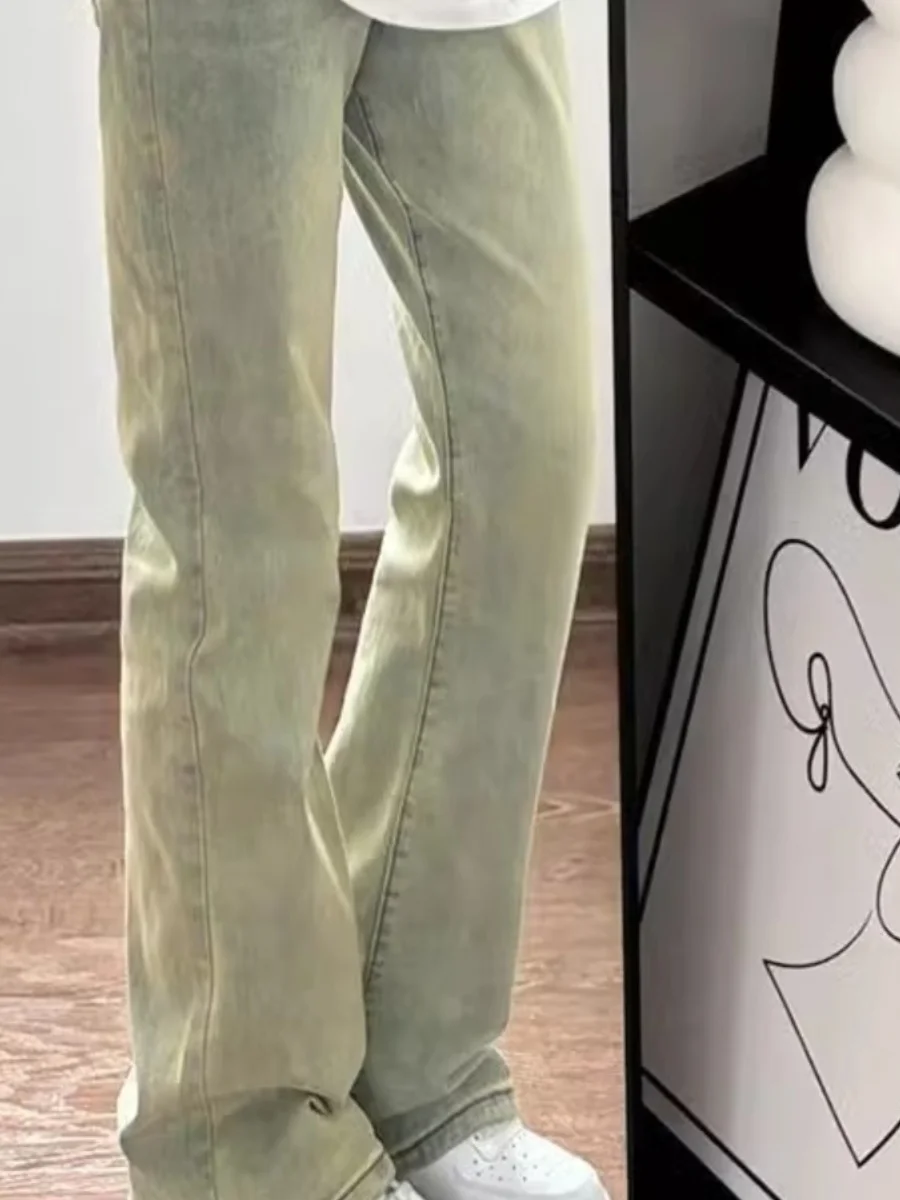 

Желтые джинсы American High Street с грязевым изгибом, новые женские джинсы большого размера, тонкие мм, с высокой талией, прямые расклешенные длинные брюки