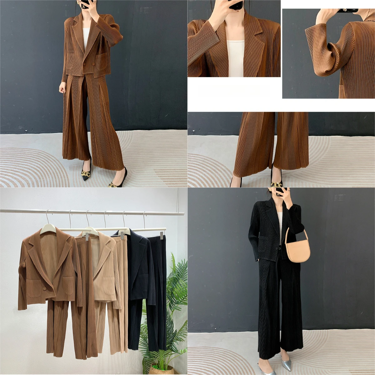 

Miyake плиссированный комплект 2026, женский свободный темпераментный пригородный светильник, одежда на рабочем месте, однотонный дизайн, плиссированная одежда из двух предметов