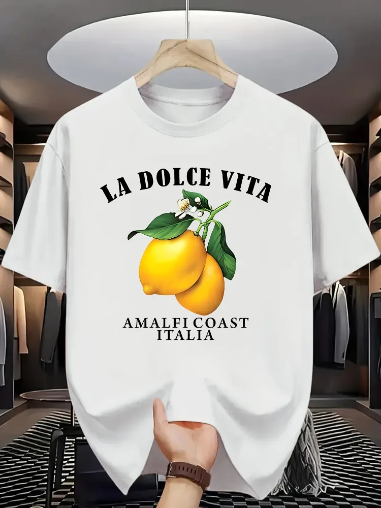 Mens Crew Neck Tee La Dolce Vita Amalfi Coast Lemon Fruit Graphic Print Light Cotton Summer Beach Casual Short Sleeve Daily Top
