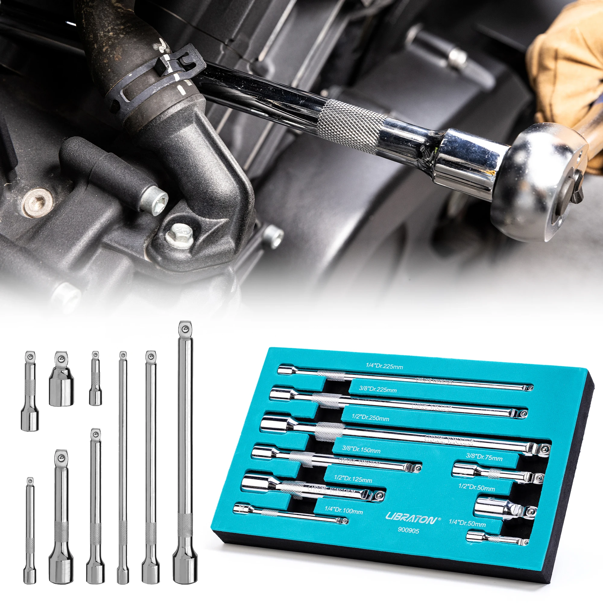 LIBRATON Socket Extensions Set, Wobble Ratchet Extensions 1/4" 3/8" 1/2" Drive Socket Extension for Motorcycle Repair