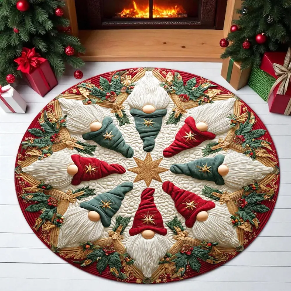 Round Christmas Gnomes Santa Claus Carpet Mat Rug Gold Star Red Berries Snow Scene Festive Home Decoration for Holiday Home Mat