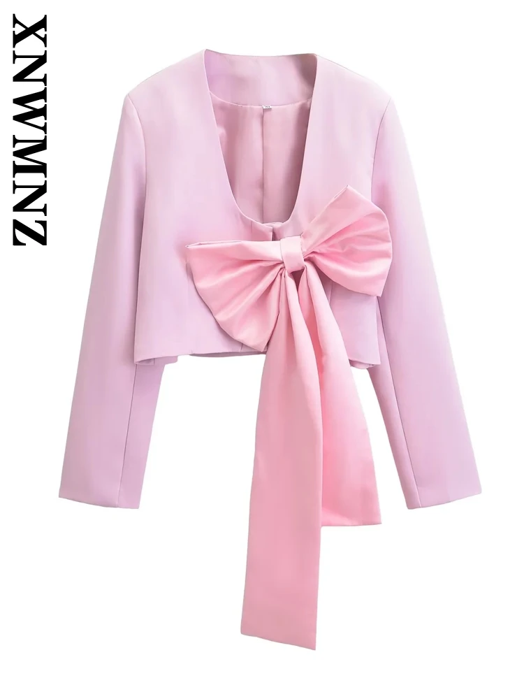 XNWMNZ 2024 New Woman's Autumn Fashion Blazer Top Ladylike Spring Chic V-Collar Long Sleeve Coat Short Solid Color Bow Lace Jack