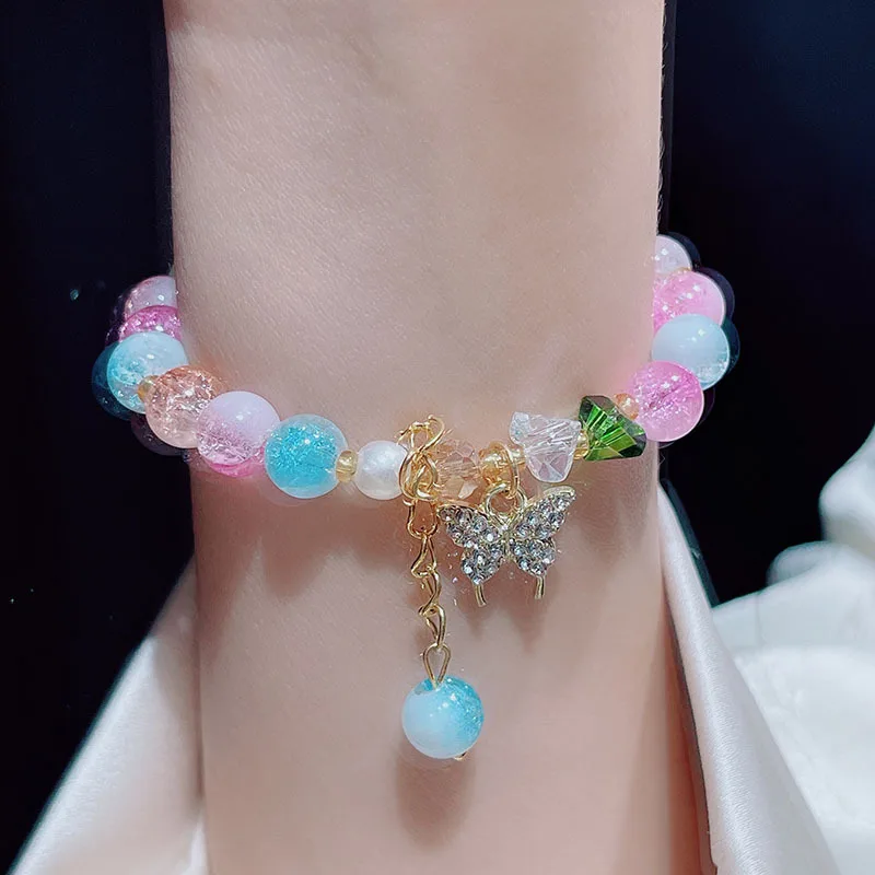 Hot Selling Butterfly Shape Ice Cracking Crystal Beaded Strand Hand Bracelets for Women Girls Student Low Price Jewelry YBR1171