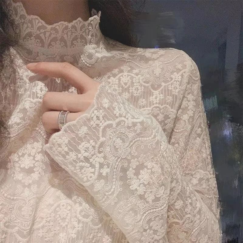 

Lace Shirt for Women New Spring and Autumn Mesh Shirts Lace-Collared Blouse Long Sleeve Bottoming Shirt