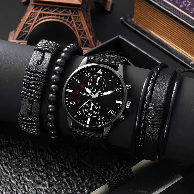 4-piece men's watch and accessories set, stylish and casual, featuring the latest trendy design, making it an ideal gift choice
