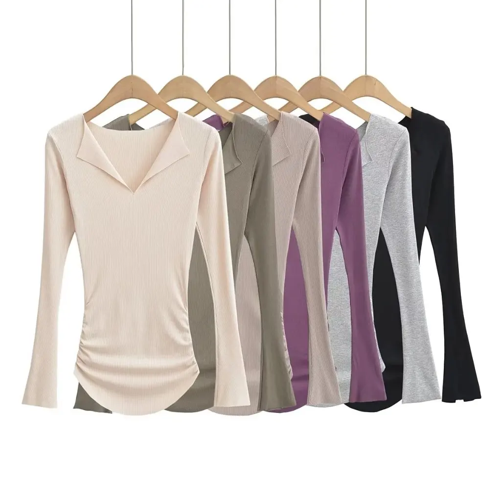 

Women's V-neck Long-Sleeved T-shirt Elastic Slim Fit Pleated Brushed Split Fashion Top for Spring And Autumn