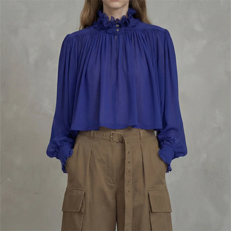 

Spring 2026 Women's Blue Shirt with WoodGrain Ruffle Collar And PuffySleeves High Quality Fashion Commute Loose Casual Short Top