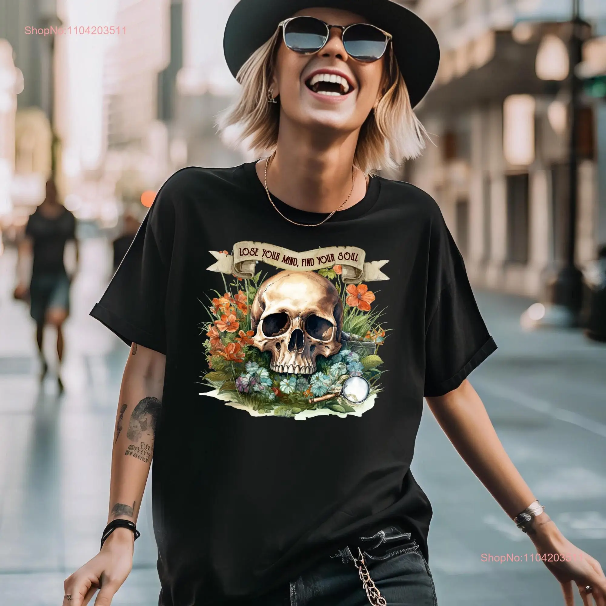 Loose Your Mind Find Soul Floral Skull Distressed Soft T shirt Crewneck Cool Halloween Party long or short sleeves