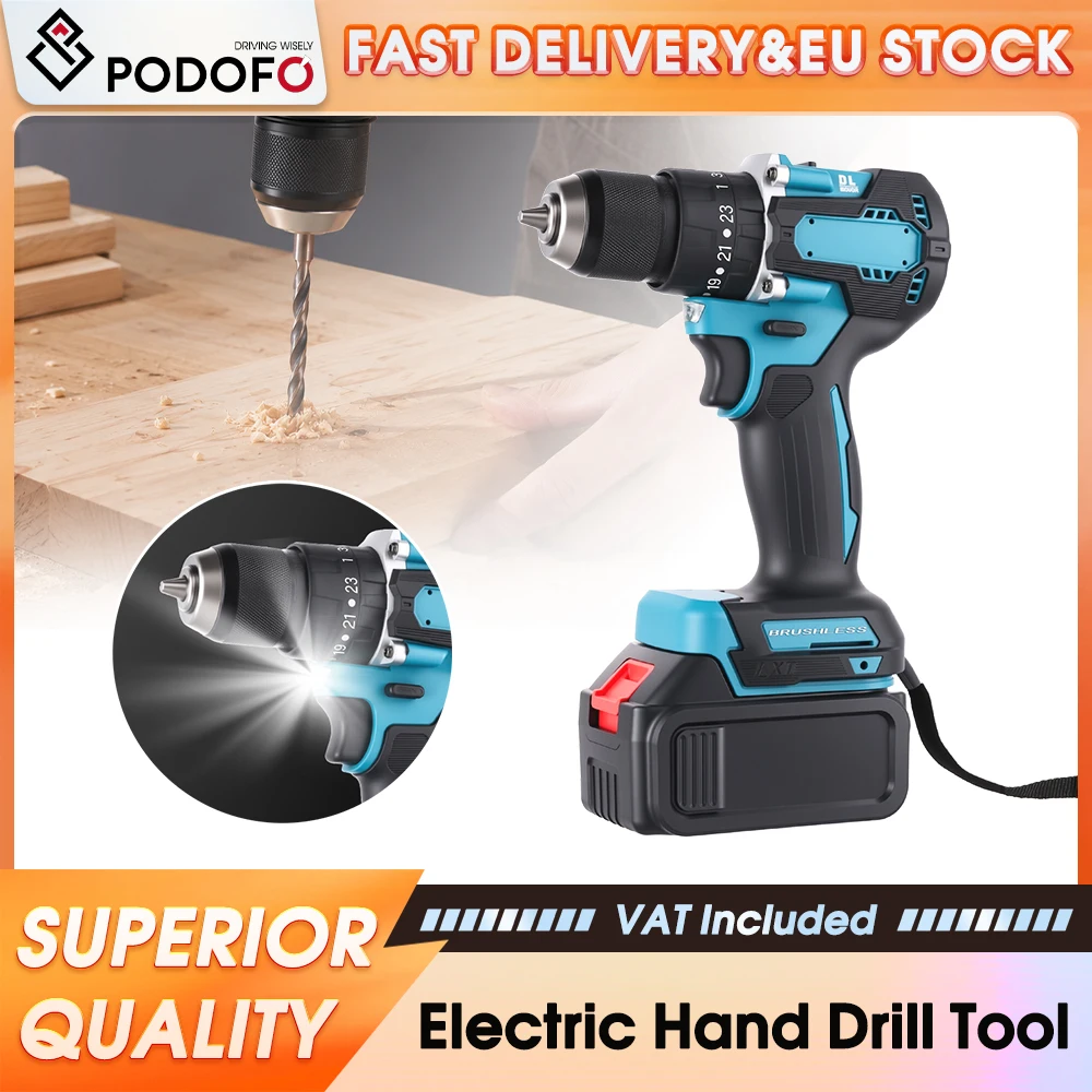 Trapano a percussione senza fili e con motore a spazzole Podofo 21V, 1350 giri/min, cacciavite multifunzione portatile, strumento per forare legno, metallo e plastica, utensile elettrico portatile per