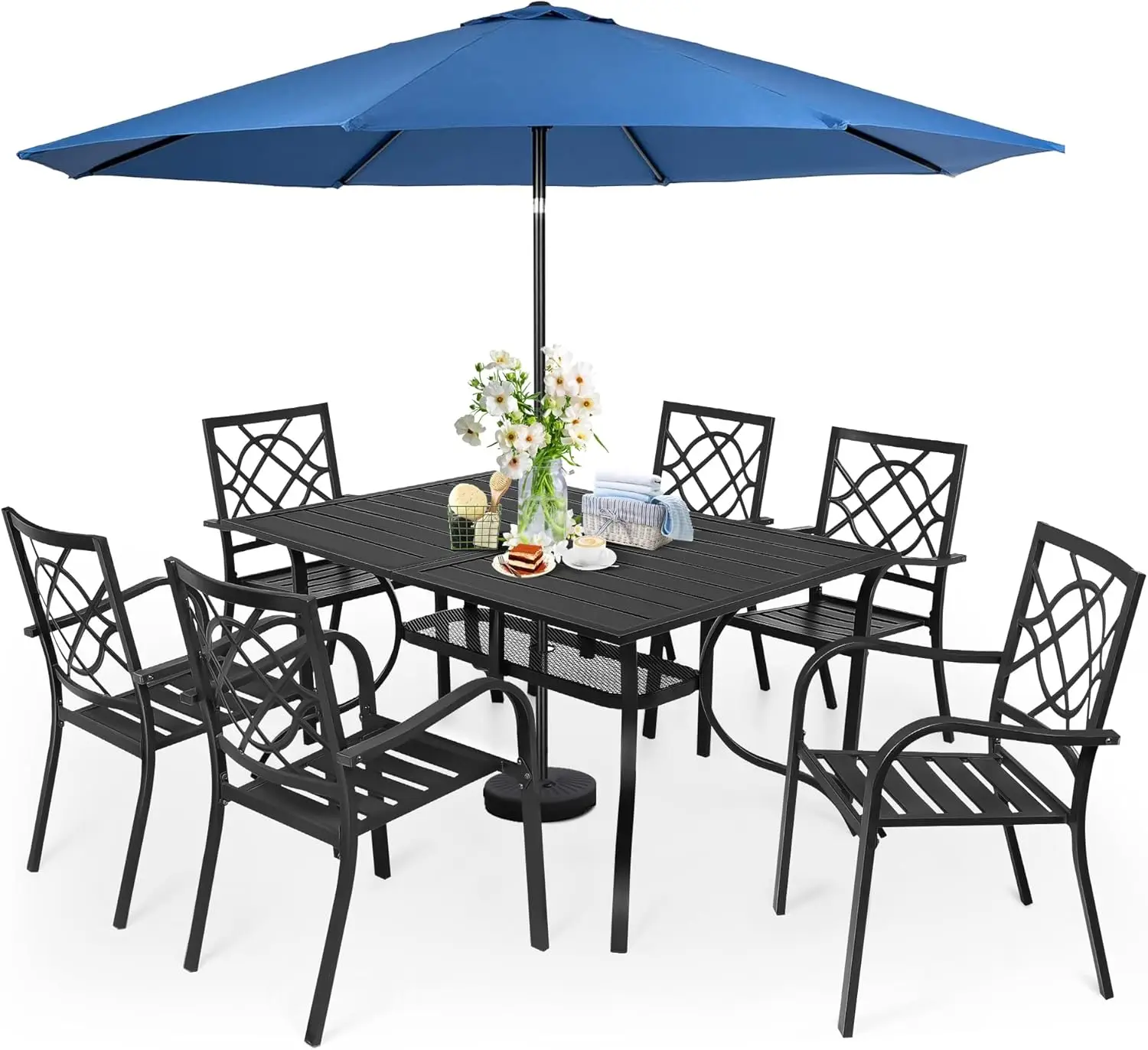 

7-Pieces Outdoor Wrought Iron Chairs and Table Patio Dining Furniture Set-6 Stackable Metal Chairs, 1 Steel Slat Bistro Table