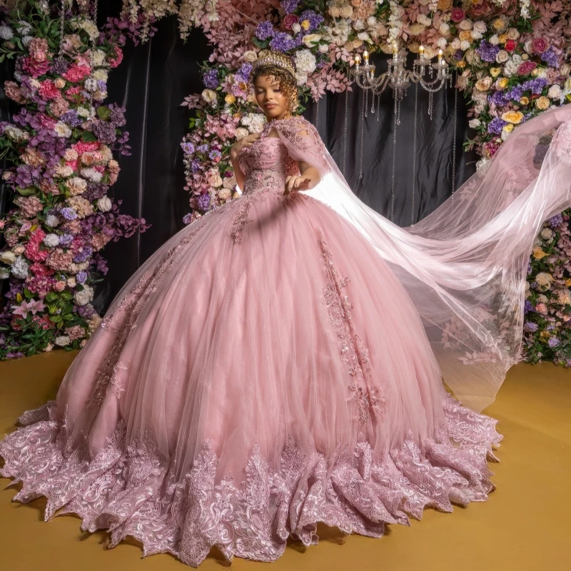 

Pink Shiny Ball Gown Quinceanera Dresses Applique Lace Beading Crystal Tull With Cape Corset Off Shoulder Sweet 16 Dress Vestido