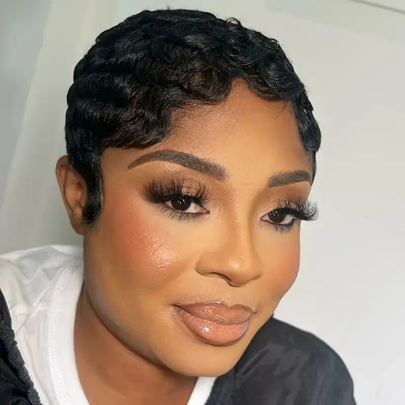 짧은 픽시컷 가발 핑거웨이브 인모 가발 150% 밀도 오션웨이브 기계식 가발