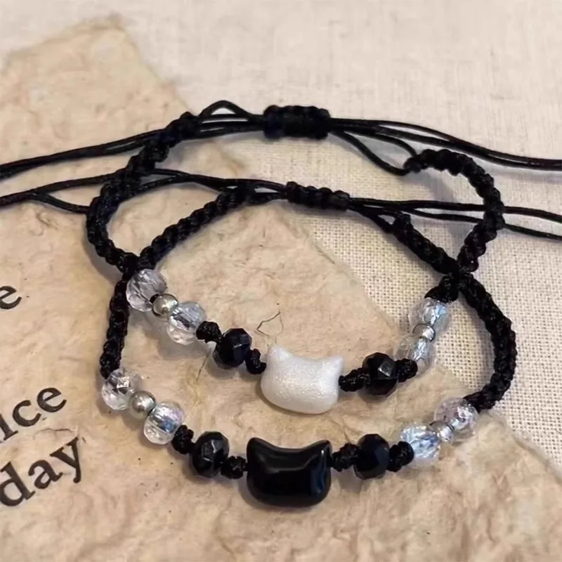 Bracelet chat noir et blanc réglable, pierre de lune coréenne, obsidienne, pour Couple, minimaliste, bijoux de fête, cadeau japonais
