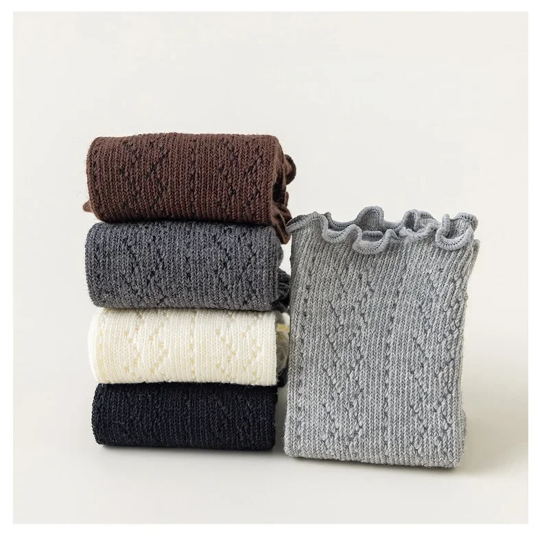 3-12Y Autumn Kids Socks Solid Color Ruffle Knit Mesh Kids Girls Calf Socks Korean Style Cotton Breathable Soft Children's Socks