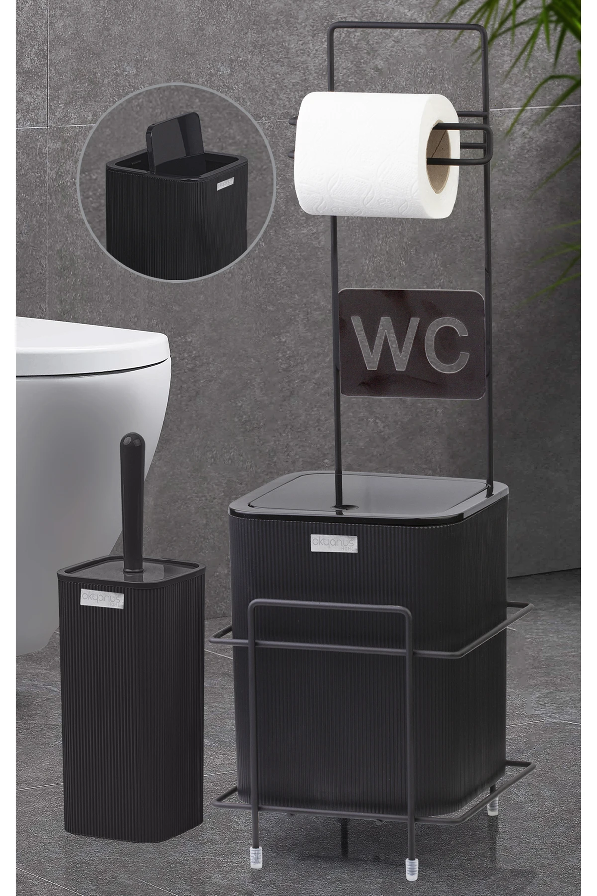 2 piece bathroom WC with stand Black Mina Square Trash Can and WC Brush Set Paper holder hard plastic