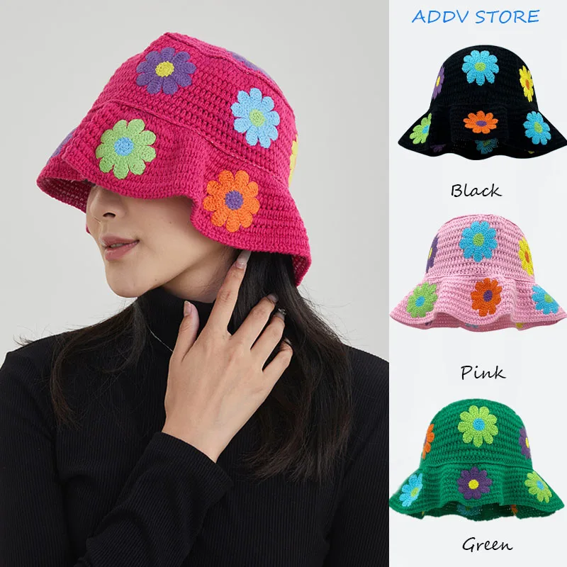 

INS Women's Crochet Bucket Hat Handmade Floral Knitted Cap Fisherman Hat Summer Trendy Outdoor Wide Brim Sun Caps Gorro