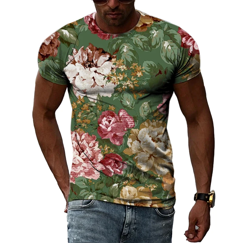 Summer Men\'s Flower Pattern Printed T-Shirt Hip-Hop Element Trend Round Neck Tees Seasonality Fashion Handsome Short Sleeve Tops