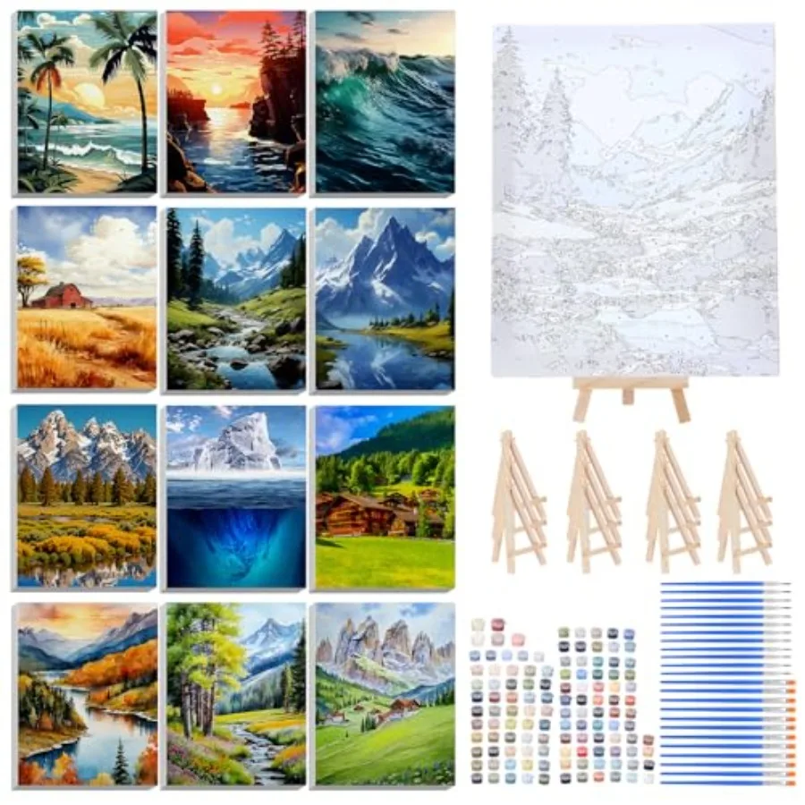

12 Set Paint by Numbers Kit for Adults Painting 8x10 Inch with Wooden Frame Easel Acrylic Paints Brushes Watercolor Oil Paint b
