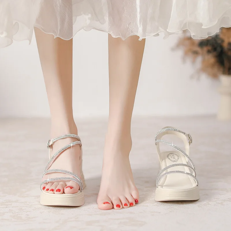 Size 31-39 Summer New Platform Thick Bottom Open Toe Women Sandals Wedge High Heel Rhinestone Sandals