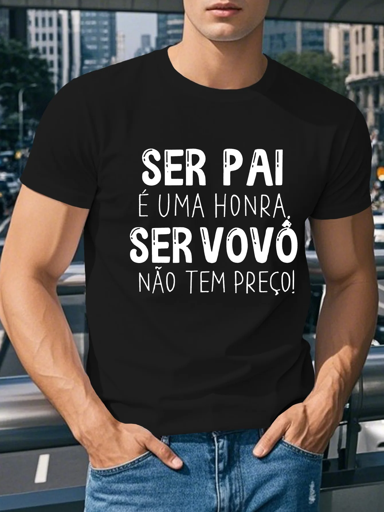 Men's White Being a Father Is an Honor, Being a Grandpa Is Priceless! T-Shirt- Casual Summer Tee with Portuguese Text, Round Neck, Regular Fit