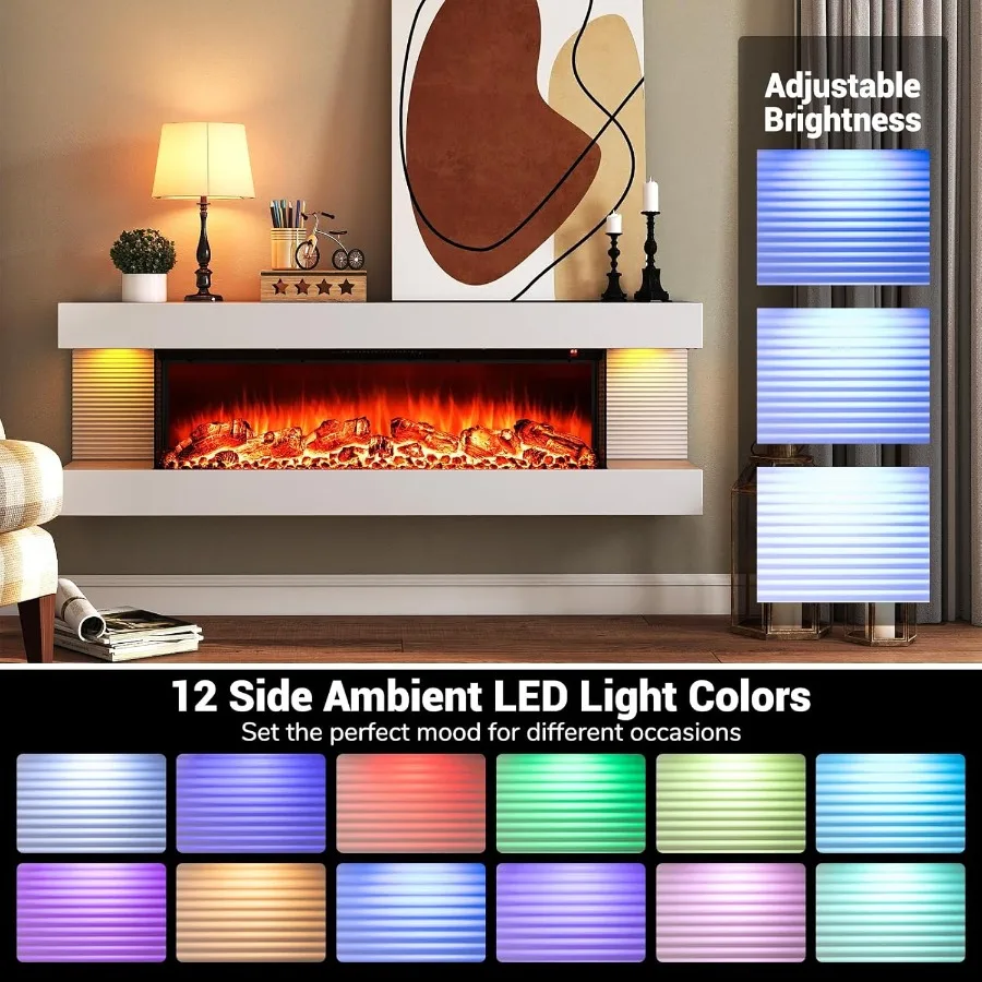 Camino elettrico da parete da 36 pollici con mensola galleggiante da 50 pollici e telecomando Design su 3 lati con 12 Ambie regolabili