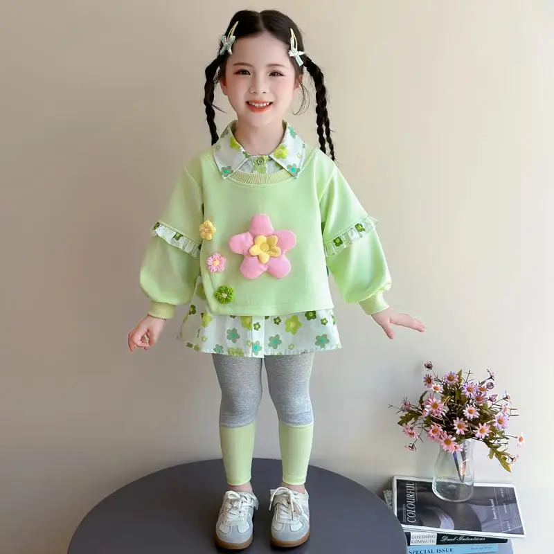 Girl Sweet Flower Collar Hoodie Underpants Set Spring Autumn New Children's Pants Long Sleeve T-Shirt Girl Fashion Two Piece Set