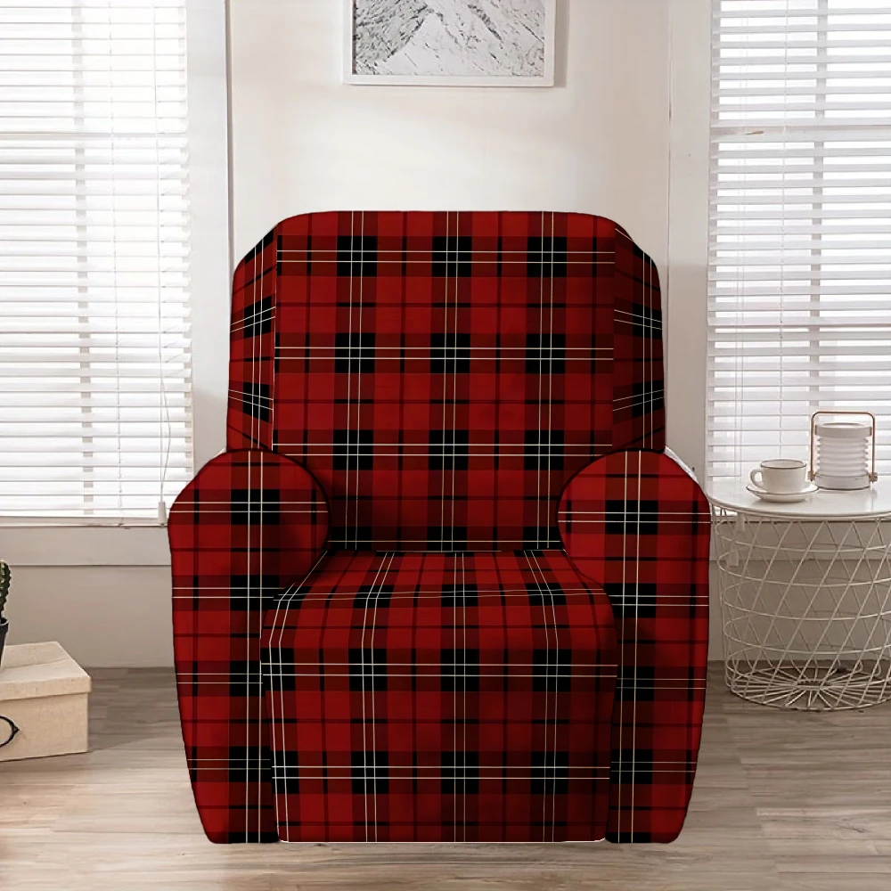 Classic Red Black Tartan Plaid Print Stretch Recliner Chair Cover, Removable Washable Full Wrap Lazy Sofa Slipcover