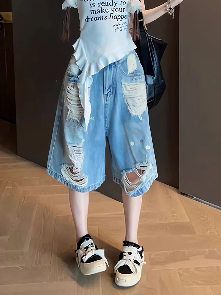 Retro American Design Washed out Distressed Denim Jeans High Waist Wide Leg Seven-Foot Pants for Women Summer New Style