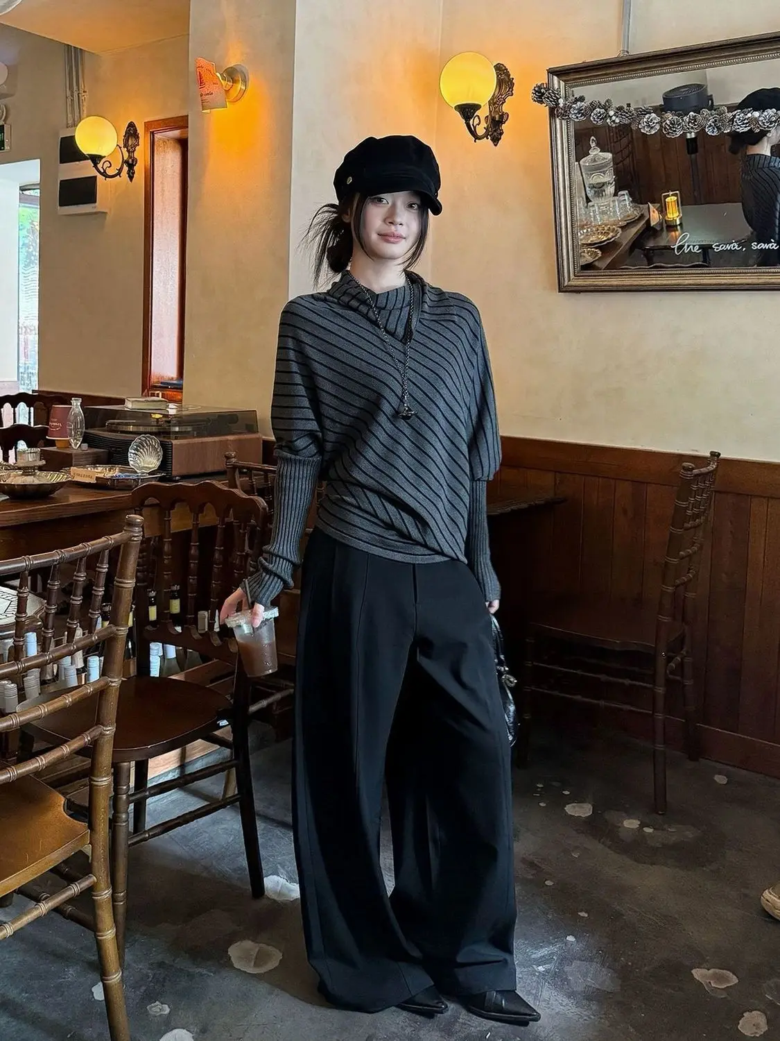 Estética moda listra topos mulher streetwear elegante manga longa t chique coreano vintage malhas pulôver